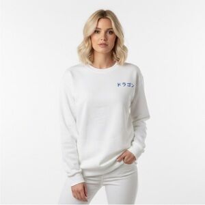 White Crewneck Sweatshirt With Dragon Graphic